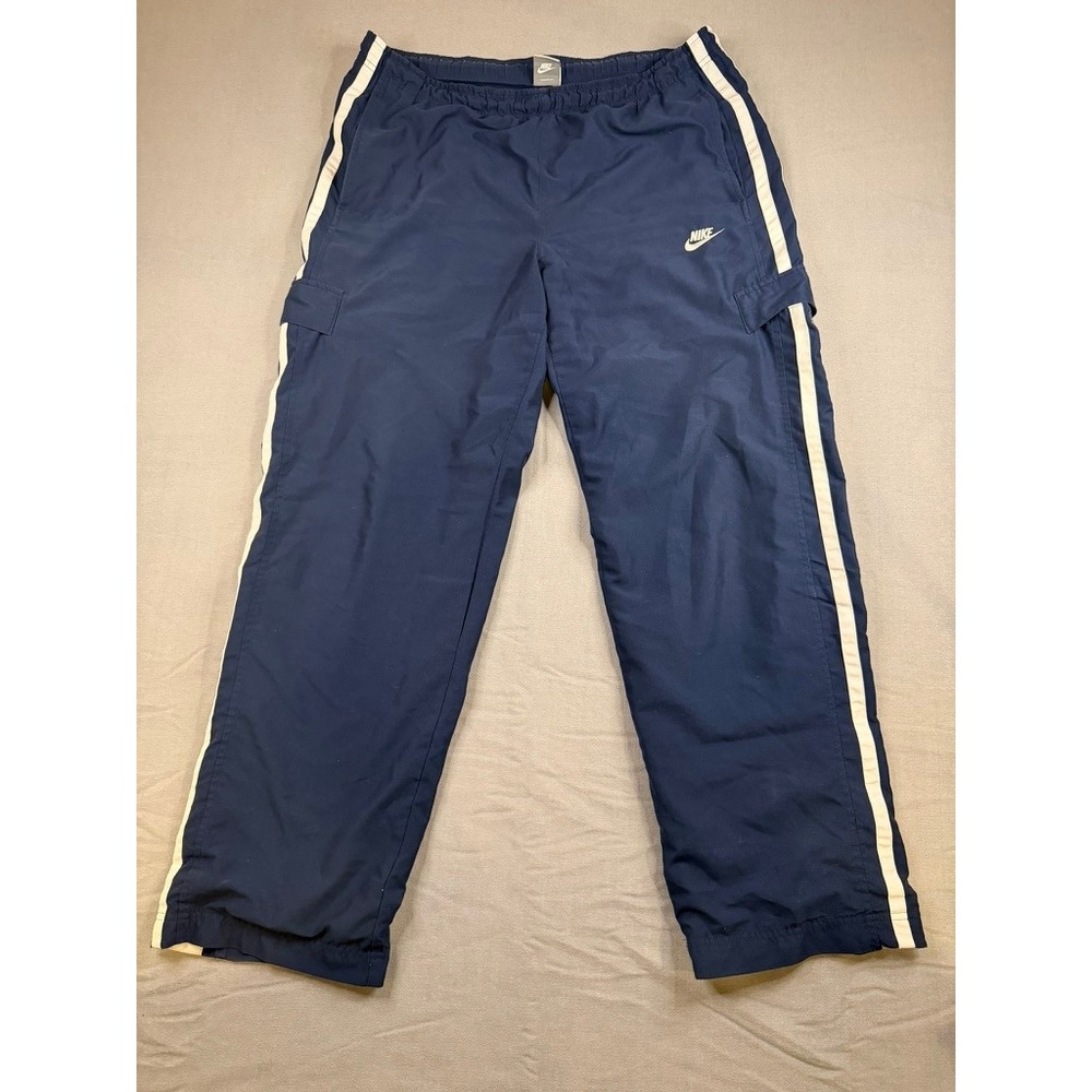 Y2K Baggy Nike Mens Cargo Track Pants Navy Blue White Stripe Mesh Lined Large